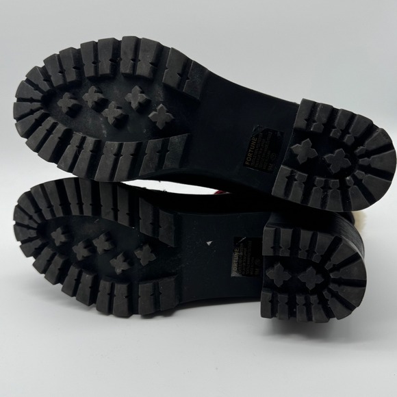 Jellypop Black Heeled Ankle Boots Red Plaid Laces Faux Fur Trim Lug Sole Size 9M - Picture 12 of 13